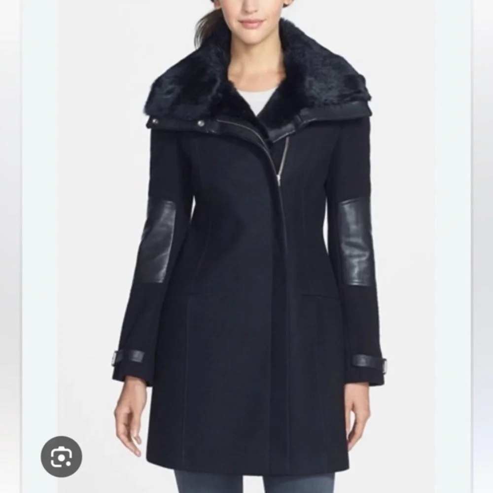 Andrew Marc Wool&Cashmere coat, leather trim, real fur collar, sz2, $695, NWOT - Picture 1 of 16